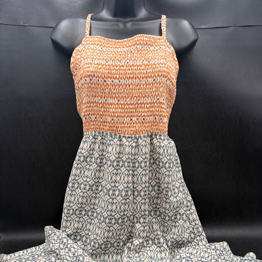 Zara Women Orange Ikat Print Smocked Wide‎ Leg Jumpsuit Cross Back Size 13-14